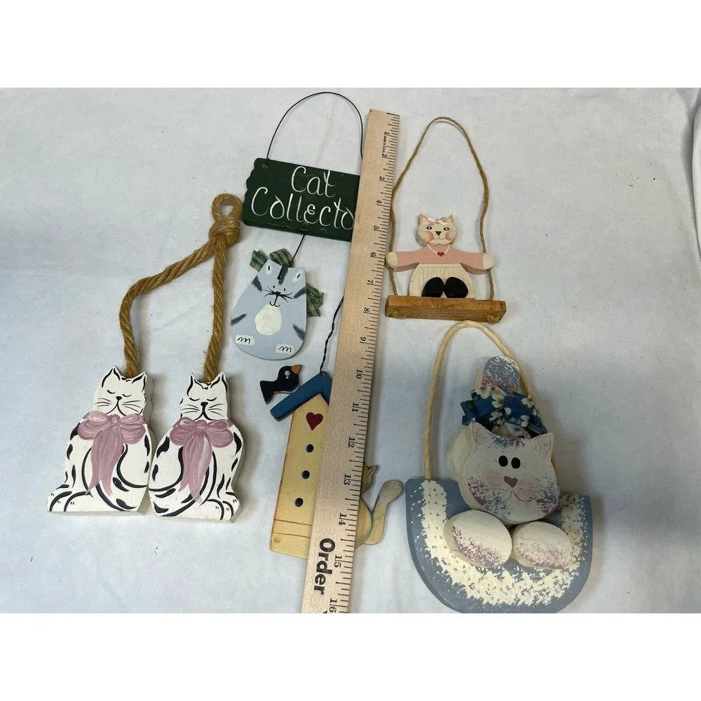 Lot of Handmade Painted Wooden Folk Art Cat Decor